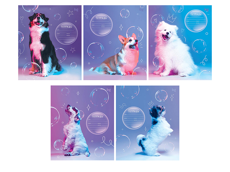 Тетрадь 12 л. "Собаки" част. косая линия, 5 диз. микс (кратно 15)