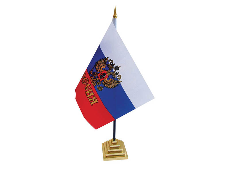 Флаг настольный "Россия с гербом" 21*14 см, пласт. подставка. FL_3094