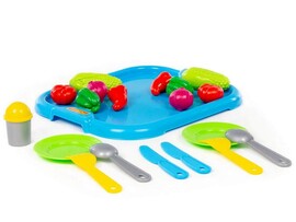 Набор посуды с голубым подносом и набором продуктов 19 эл. в сеточке доставка оптом в Донецк