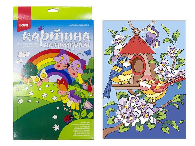 Донецк игрушка оптом Картина на картоне с красками 20х28,5 см по номерам. ВЕСЕННИЕ ПТИЧКИ