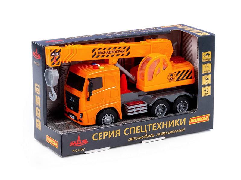 МАЗ, автомобиль-кран инерционный (со светом и звуком) (оранжевый) (в коробке)