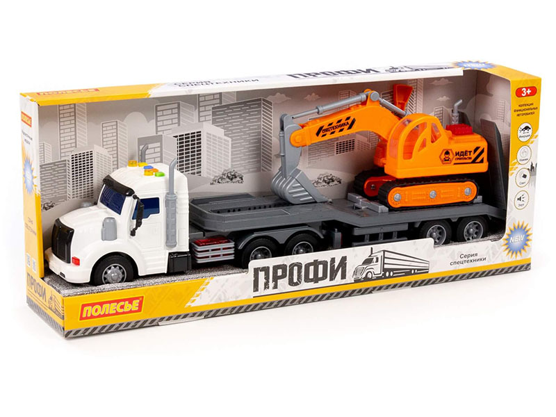 "Профи", автомобиль-трейлер инерционный (со светом и звуком) + гусеничный экскаватор (в коробке)