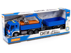"Сити", автомобиль бортовой с манипулятором и прицепом инерционный (со светом и звуком) (синий) (в коробке)