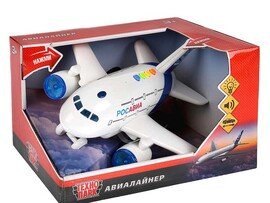 Модель пласт. Авиалайнер 24 см, свет, звук, инерц., кор. Технопарк