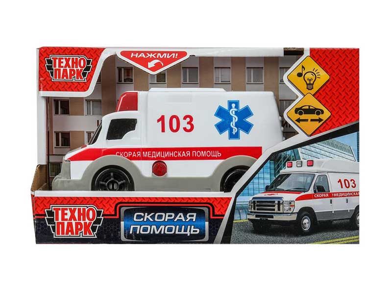 Машина пласт. Скорая Помощь 15 см, свет, звук, кор. Технопарк
