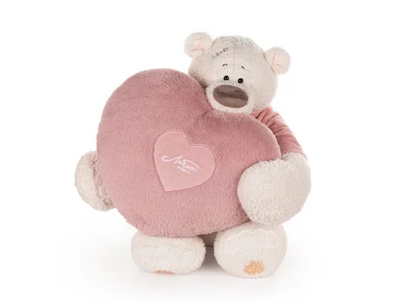 Донецк игрушка оптом Медведь Тато в майке темно-пудровой с сердцем подушкой 37 см