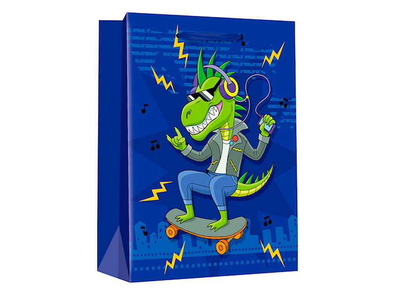 Пакет подар. мат. лам. Диско-динозаврик 26.4х32.7х13.6 см. ППК-3401