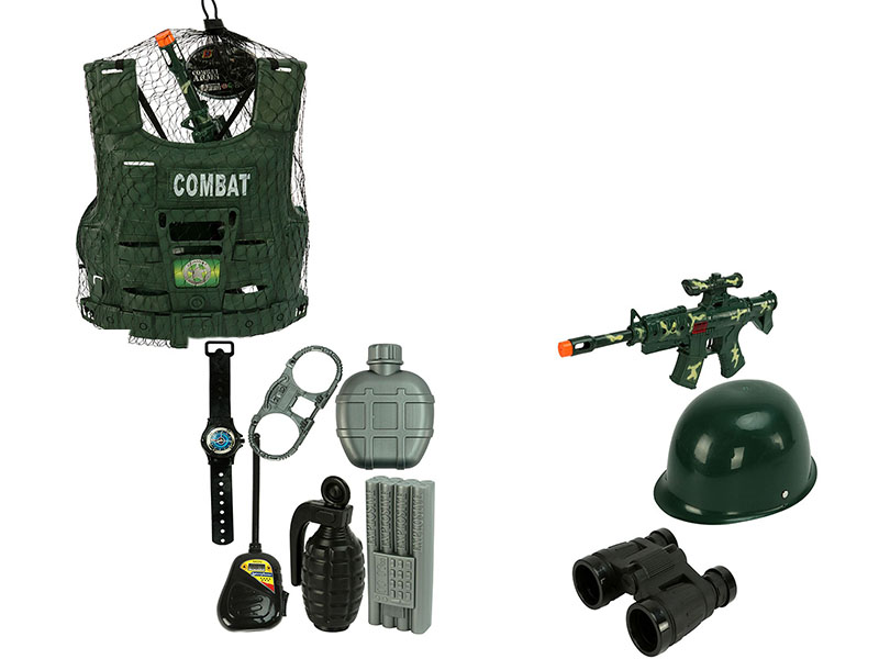 Набор "Военный" 10 предм. (автомат-трещотка, каска, жилет) в сетке. Y18999103