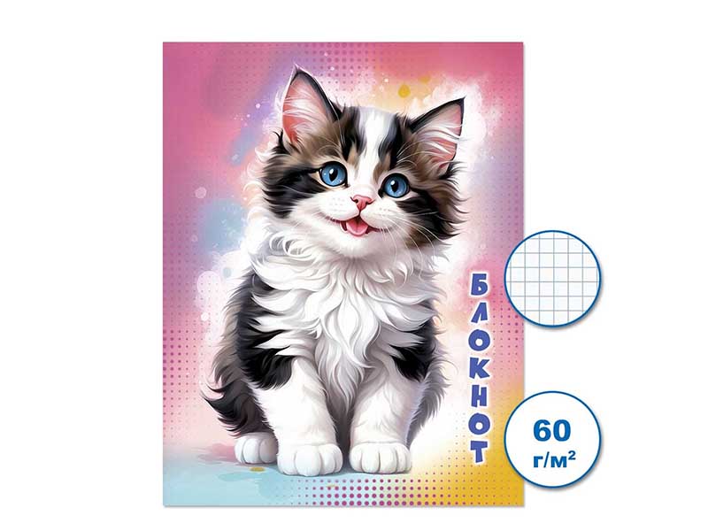 Блокнот А7 16 л. Котик, клетка. Бс16/4-3