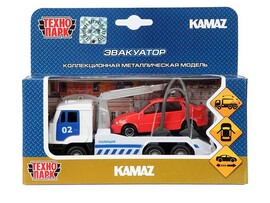 Машина металл. KAMAZ Эвакуатор 12 см, машинка 7 см, дв., инерц., кор. Технопарк