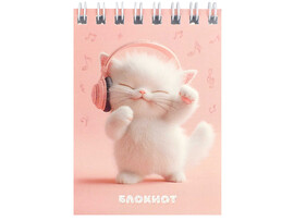 Блокнот А7 40 л. Котенок-меломан, клетка, гребень, глиттер. 70964