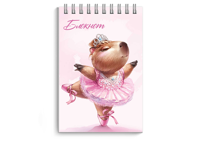 Блокнот А7 40 л. Капибара-балерина, клетка, гребень, глиттер. 72780