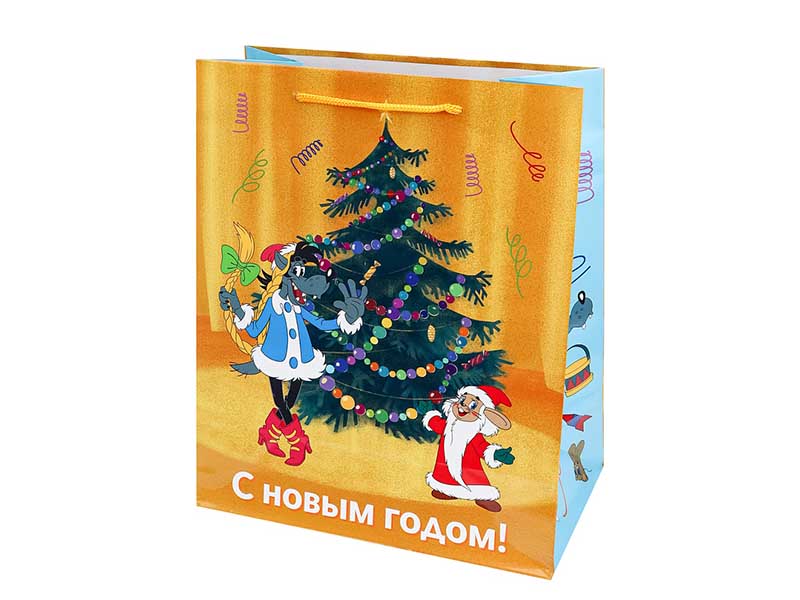 Пакет подар. глянц.лам. "Заяц и волк у ёлки" 26.4*32.7*13.6 см. ППК-2923