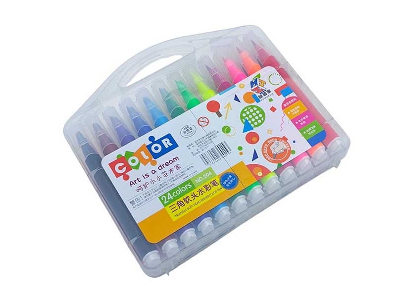 Фломастеры 24 цв., мягкая кисть, утолщ., трехгр., пласт. футляр