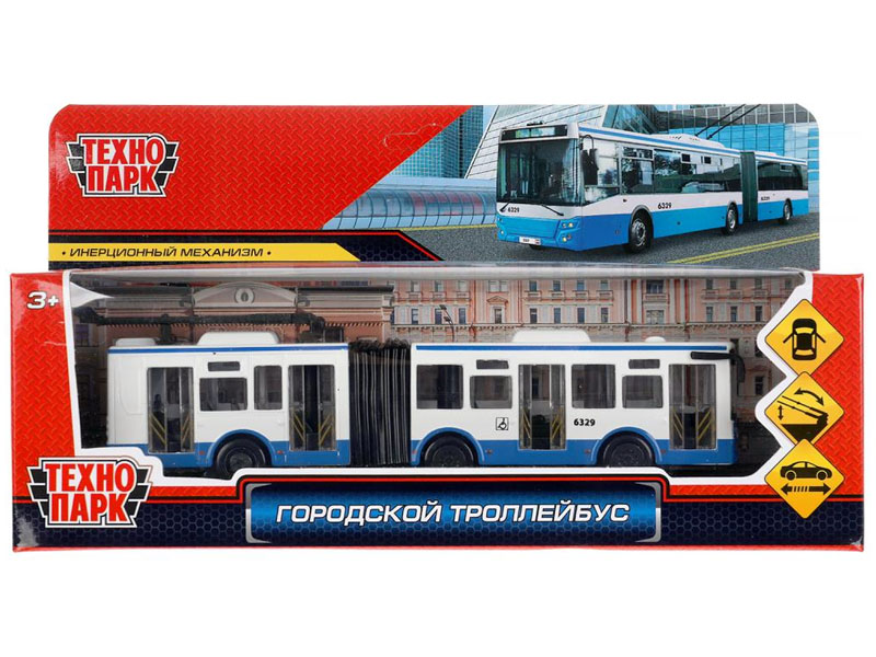 Донецк игрушка оптом Технопарк. ГОРОДСКОЙ ТРОЛЛЕЙБУС металл. инерц. 19 см (открыв. двери) бело-синий